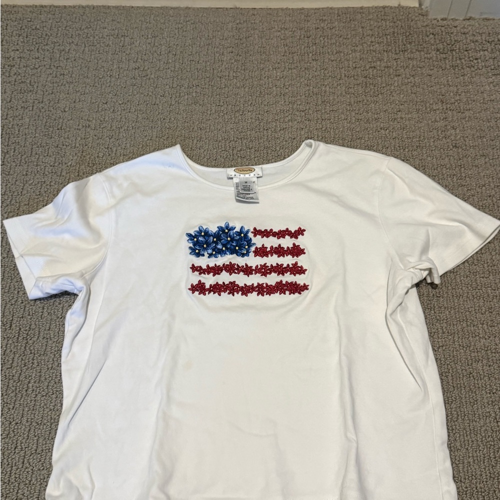 Talbots White Top with Beaded Flag Design